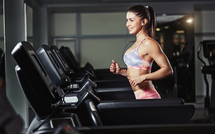 girl gym running treadmill smiling sport earphones wallpaper preview - voozon.com