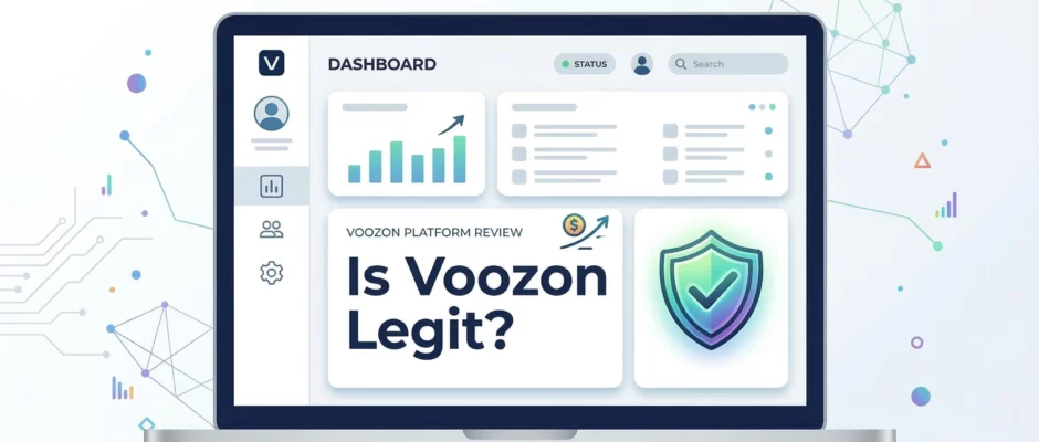 Illustration of Voozon digital platform review showing dashboard interface and verification symbol
