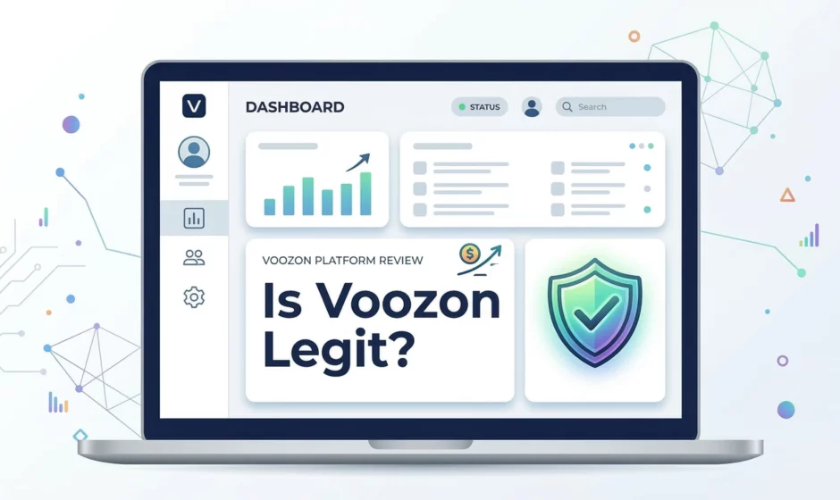 Illustration of Voozon digital platform review showing dashboard interface and verification symbol