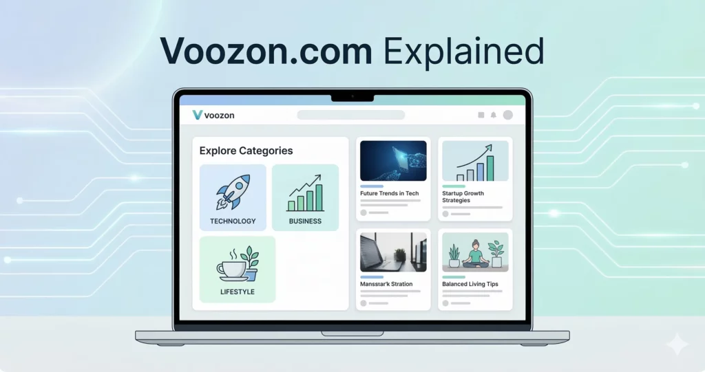 Illustration of the Voozon.com website interface showing digital platform content categories and online articles