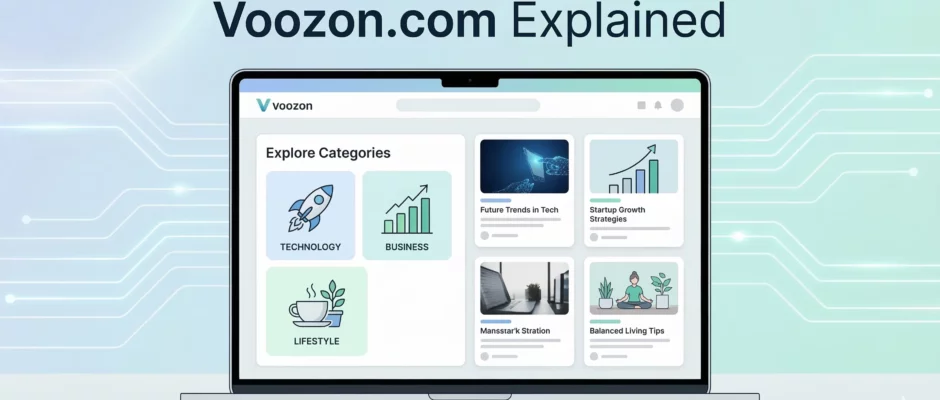 Illustration of the Voozon.com website interface showing digital platform content categories and online articles