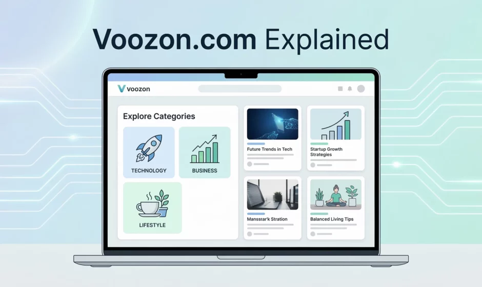 Illustration of the Voozon.com website interface showing digital platform content categories and online articles
