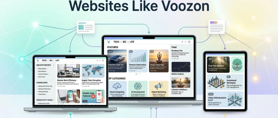 Illustration showing digital media platforms similar to Voozon with multiple website dashboards