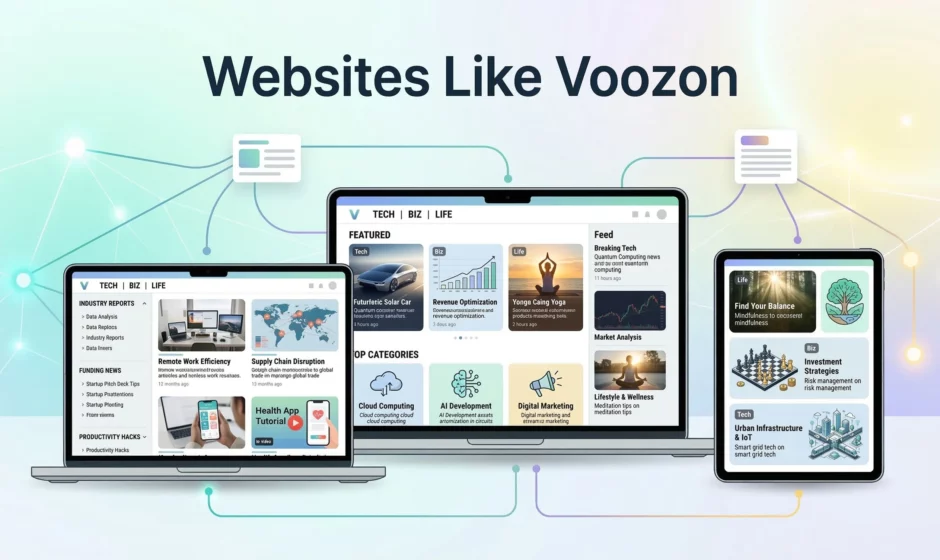 Illustration showing digital media platforms similar to Voozon with multiple website dashboards